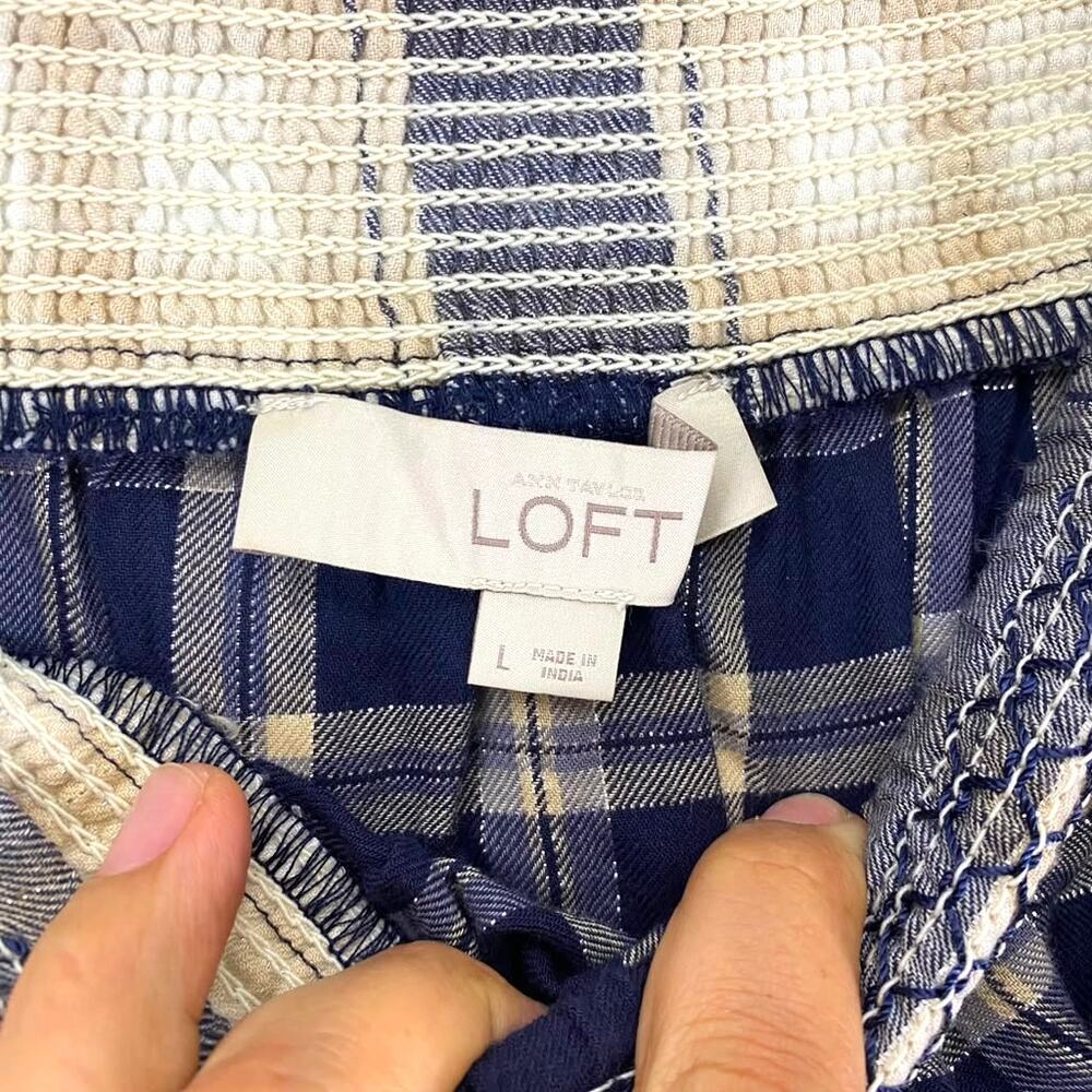 Ann Taylor Loft Women's Blue Plaid Off-the-Shoulder Blouse Flared Sleeves Sz L - Picture 5 of 7